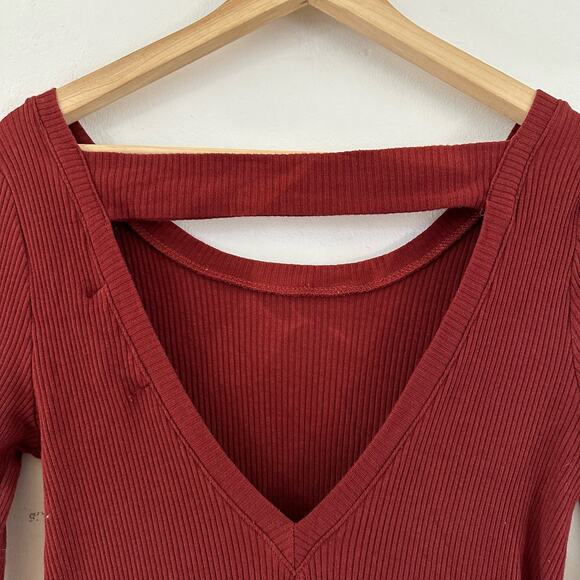 Free People FB Beach On The Rooftop Mini Dress Ribbed Long Sleeve Burgundy‎ Med - Picture 6 of 9